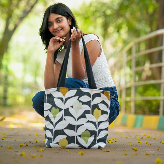 Cotton Zipper Tote Bag - Tulips and Leaves